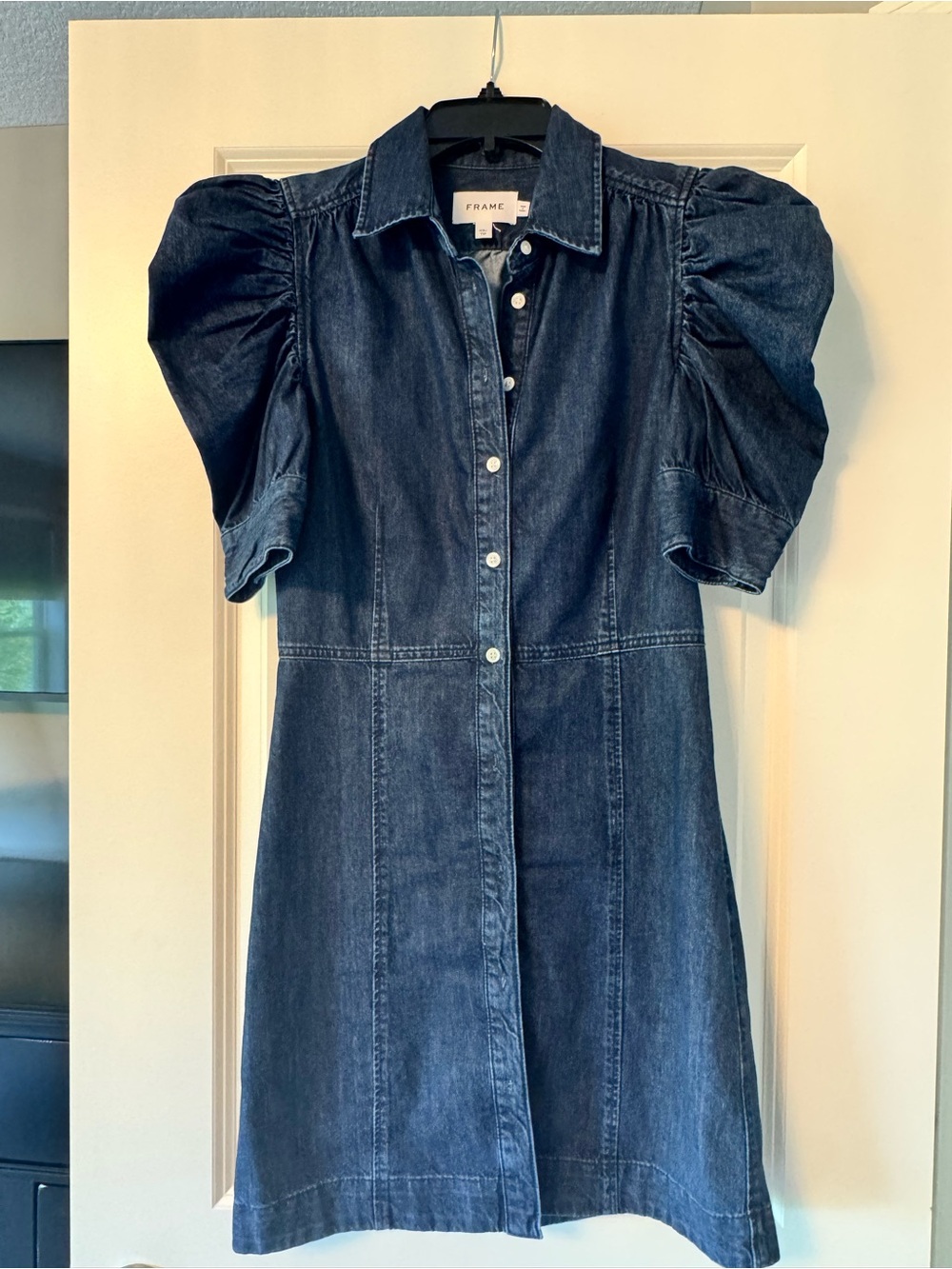 Frame Denim Indigo Puff-Sleeve Denim Mini Dress